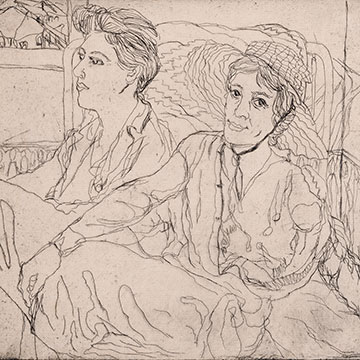 a contour line drawing of two seated women